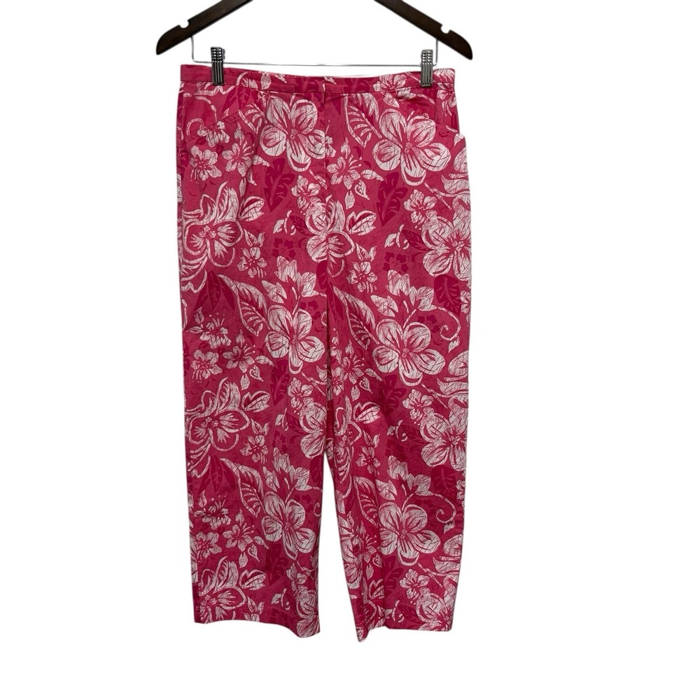 Talbots Pants Womens 12 Petite Bright Pink Floral Tropical Cropped Ankle Stretch